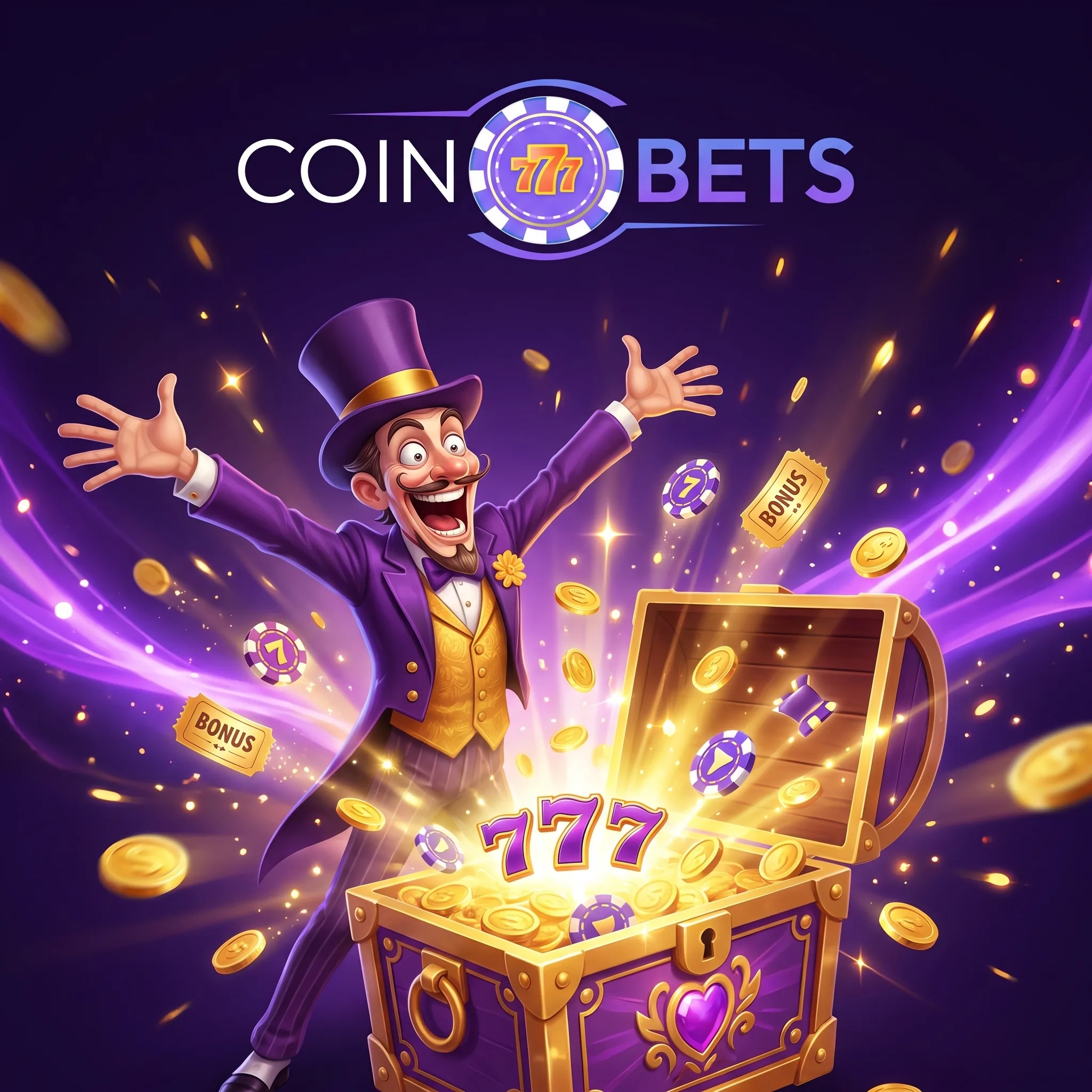 Coinbets777 bonus artwork with coins and a reward chest