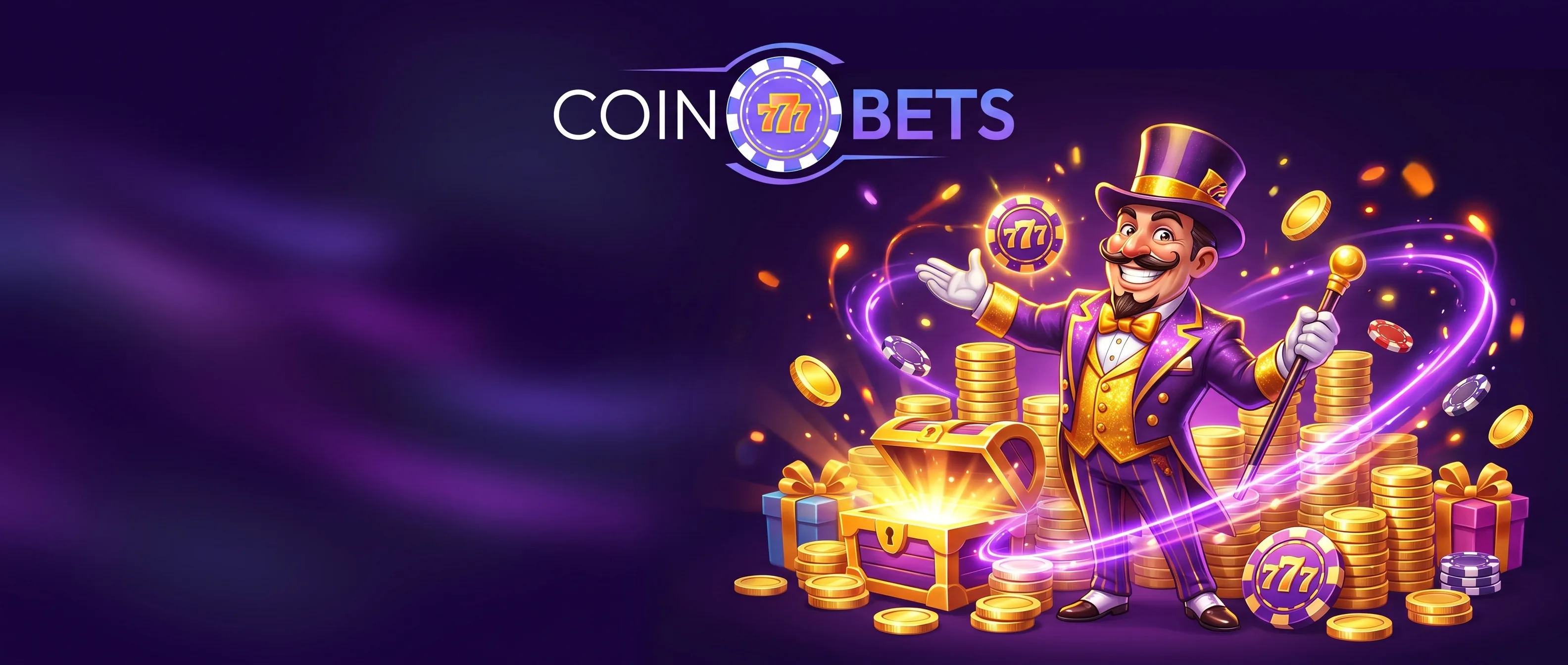 Coinbets777 casino character with coins and treasure