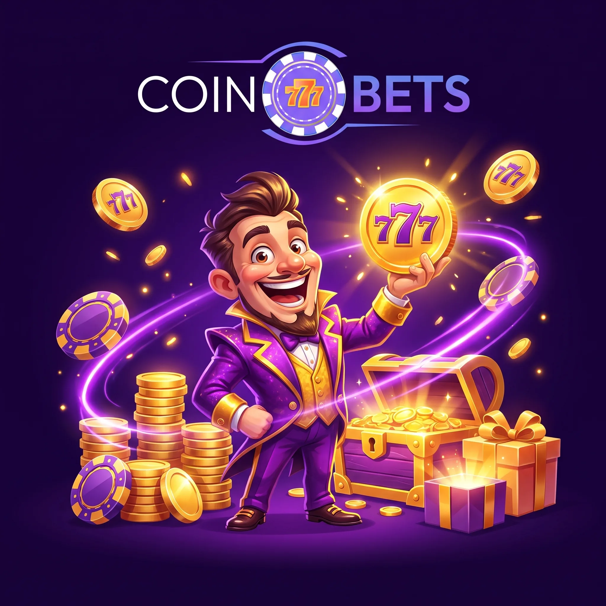 Coinbets777 character with casino chips and rewards